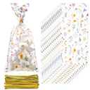 Sweetude 100 Pcs Cellophane Treat Bags Wildflower Party Favor Goodie Bags Plastic Clear Candy Gift Bag with Twist Ties for Baby Shower Bridal Shower Wedding Party, 11"x 5"(Floral)