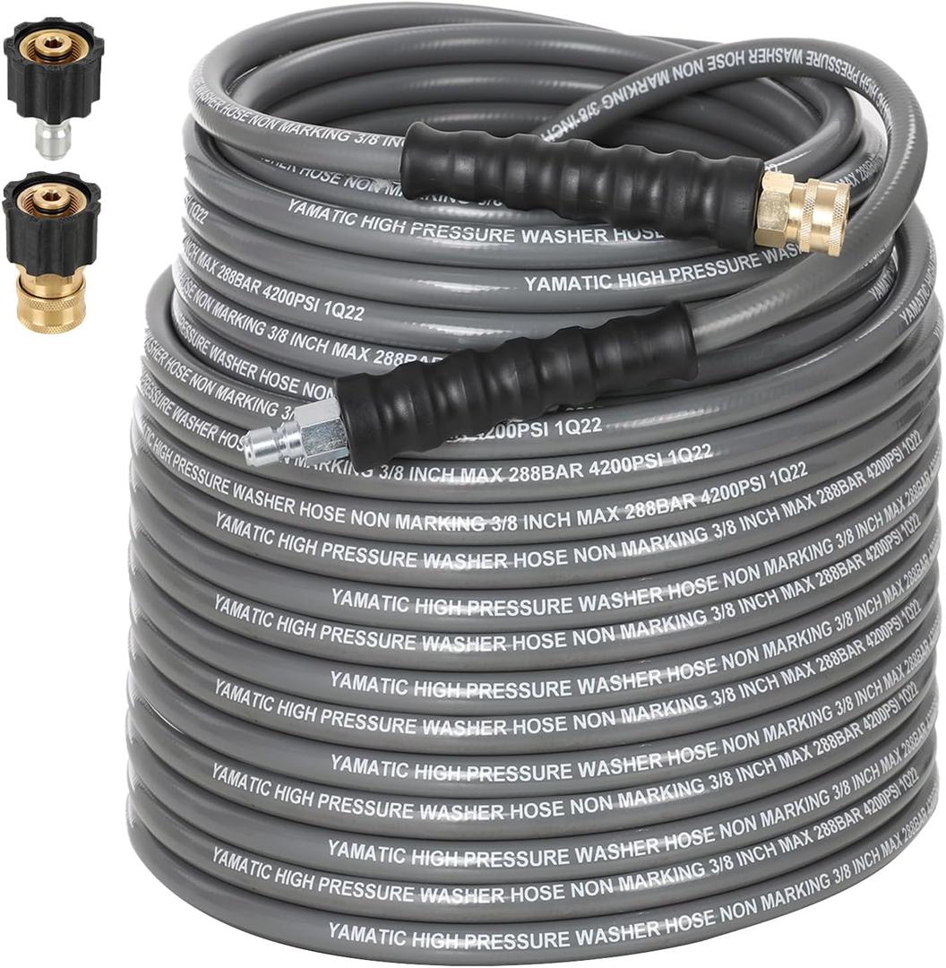 YAMATIC Non Marking 3/8" Pressure Washer Hose 125FT 4200 PSI, Kink Resistant Swivel 3/8" Quick Connect, Rubber Steel Braided Wear Resistant Industry Grade for Hot/Cold Water Gas Power Washer