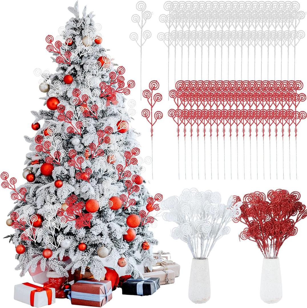 Riceshoot 50 Pcs Christmas Tree Picks and Sprays Artificial Glitter Stem Ornaments Curly Decorative Sticks for Vases Tall Candy Christmas Tree Twigs for Wedding Holiday Party Decoration(Red, White)
