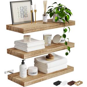 Greenual 3 Packs Floating Shelves, Nature Wood Wall Shelf, 16" Mounted for Kitchen, Living Room, Bedroom, Bathroom Storage, Book Shelf for Home Decor, Frame Display