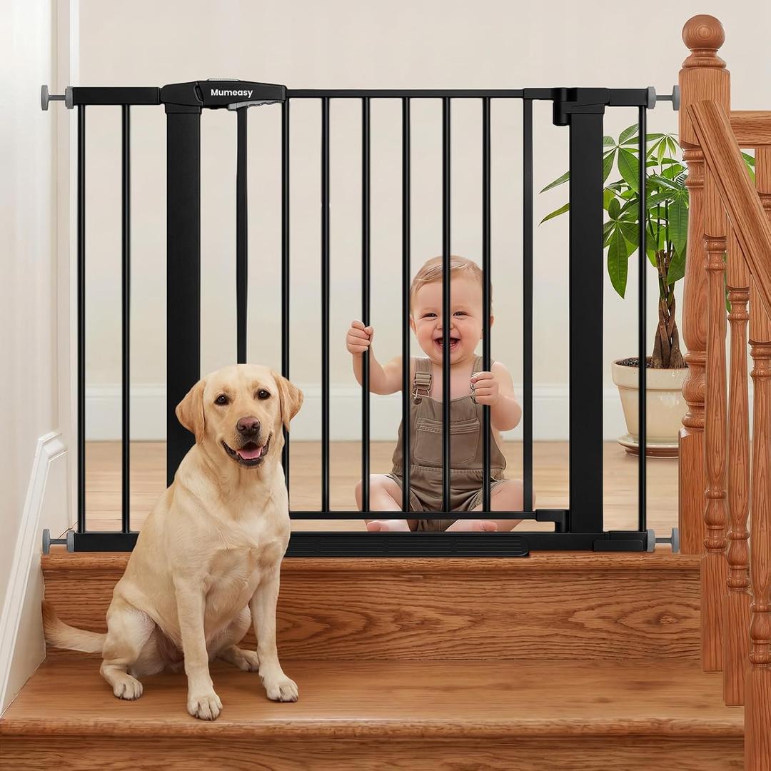 Mumeasy 29.7-40.6" Baby Gate for Stairs, Auto Close Dog Gate for Doorways, Pressure Mounted No Drill Pet Gate with Easy Walk Thru Door, Double Lock, Black