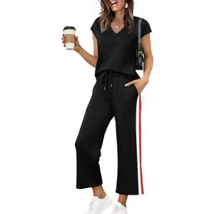 Saloogoe Two Piece Sets for Women Summer Outfits Lounge Sets V Neck Tops Wide Leg Pants Woman Vacation Travel Outfits XL