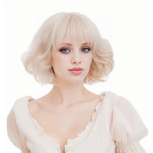 Rugelyss Short Curly Wavy Blonde Wig with Bangs Synthetic Hair Wigs for Women for Cosplay or Party, Blonde , 5.91 x 3.15 x 0.79 inches