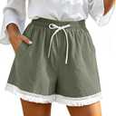 BETTE BOUTIK Summer Comfy Womens Beach Shorts Fashion Cotton Casual Elastic Waist Linen Lounge Shorts Loose Gym Workout Flowy Basic Shorts with Pockets Grey Green XL (Green, XL)