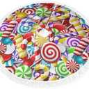 Swirl Candy Traditional Christmas Tree Skirt 48 Inch Candy Cane Tassels Tree Skirt for Holiday Decorations Xmas Mat with White Fringed Border