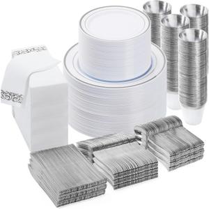700 PCS Silver Dinnerware Set for 100 Guests, Plastic Dinnerware Set for Party, Include: 100 Dinner Plates100 Dessert Plates, 100 Silver Plastic Silverware Set, 100 Cups, 100 Paper Napkins