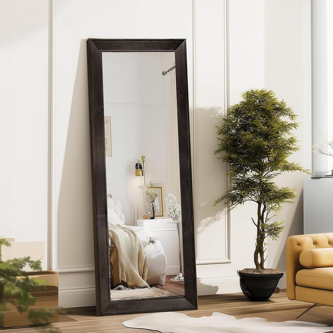 Full Length Mirror 58"x22" - Beveled Edge Rustic Black Dressing Mirror, Solid Wood Frame, Wall Mounted or Leaning for Bedroom, Entryway, Living Room