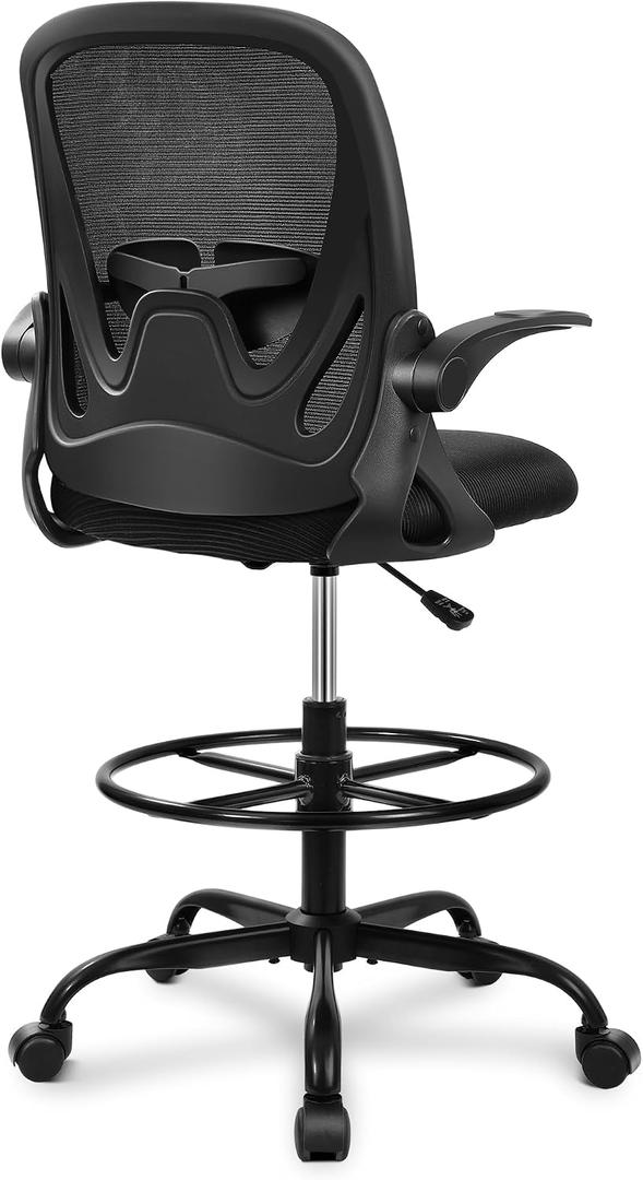 Primy Drafting Chair Tall Office Chair with Flip-up Armrests Executive Ergonomic Computer Standing Desk Chair with Lumbar Support and Adjustable Footrest Ring (Black), 934-Z