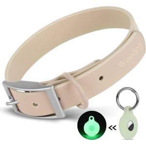 Wisedog Waterproof Dog Collar with Airtag Holder, Adjustable Soft Rubber Coated Webbing, Odor-Proof and Easy to Clean for Small Medium Large Dogs(M|12"-16" 4/5 in, Sand Color)