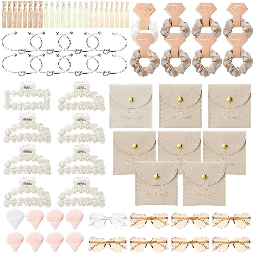 72 Pcs Bridesmaid Proposal Gift Including Bridesmaid Bridal Scrunchies Powder Puff Glasses Jewelry Bag Hairband Suitable for Wedding Gift (Champagne)