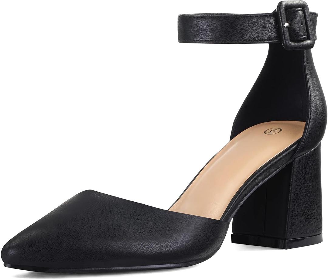 mysoft Women's Pointed Toe Low Chunky Heels Closed Toe Ankle Strap Dress Pump Shoes, 9W