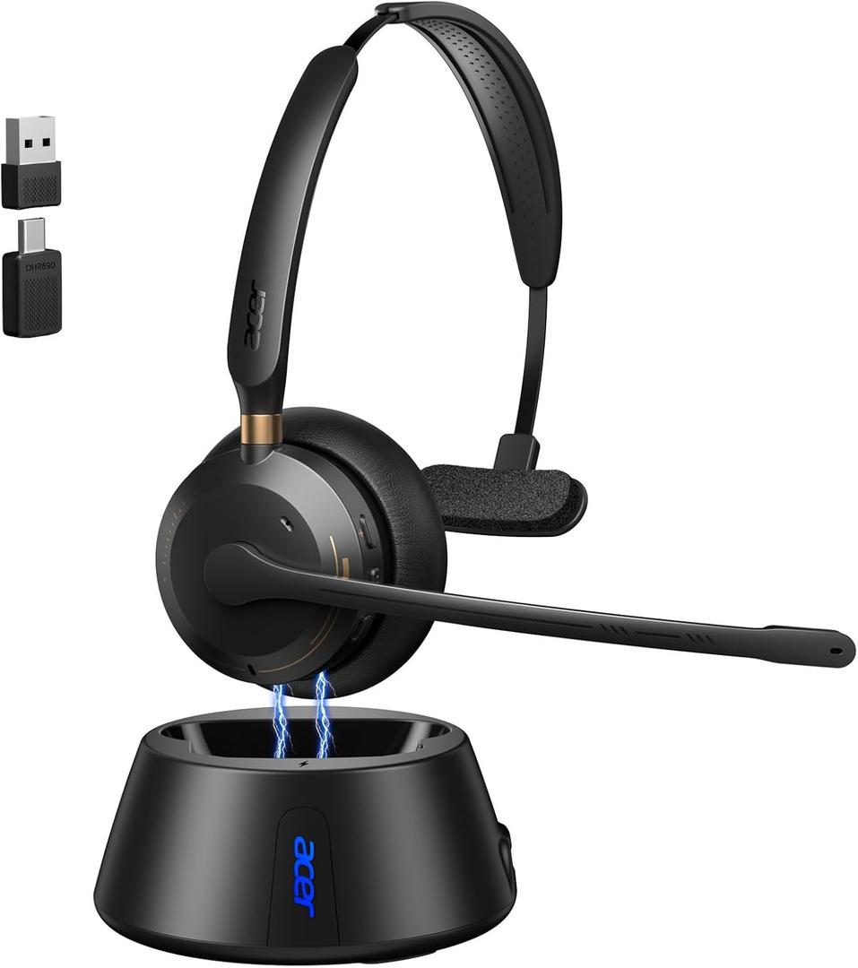 Wireless Headset with Mic for Work, AI ENC Noise Cancelling for Clear Call & Meeting, Single Ear Work Headset with Charge Stand for Remote & Office. Bluetooth 5.3 & USB 2.4G Dongle for Zoom & Teams