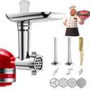 Metal Food Grinder Attachments for KitchenAid Stand Mixers, Meat Grinder, Sausage Stuffer, Perfect Mixer Attachment for KitchenAid Mixers, 15pcs Meat Grinder Accessories Set, Silver (Aluminium + Stainless Steel)