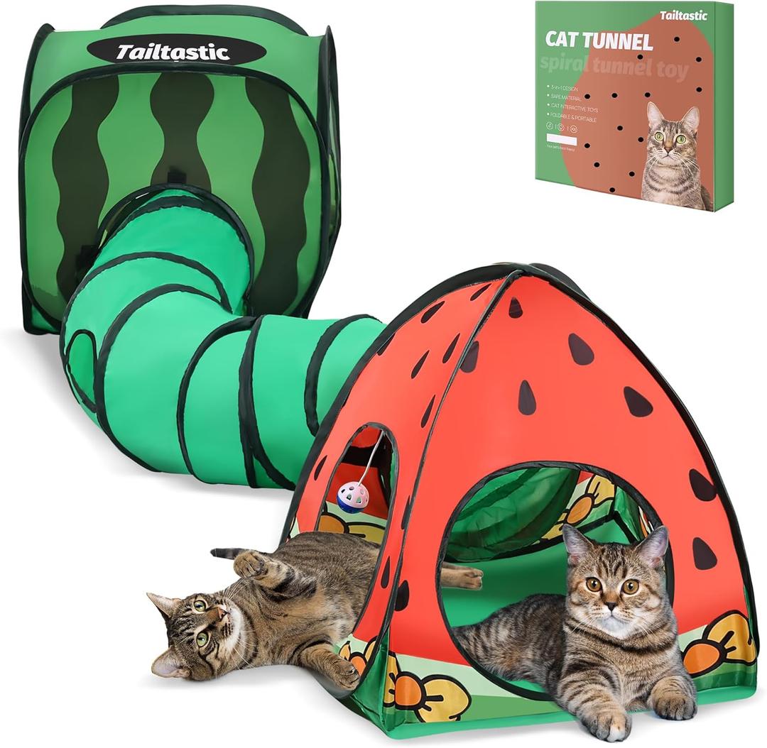 Tailtastic 3-in-1 Watermelon Cat Play Tunnel with Pop-Up Cube & Triangle Cat Tent, Interactive Toy Ball & Foldable Design - Easy Magic Tape Assembly Tunnels for Indoor Cats