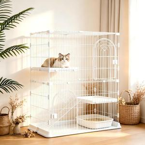 Cat Cage for Indoor Cats, DlY Catio & Cat Playpen with Escape-Proof Spacing, Sturdy Metal Cat Crate Kennel for Kittens, Ferrets & Small Animals (White, 2-Tier 43")
