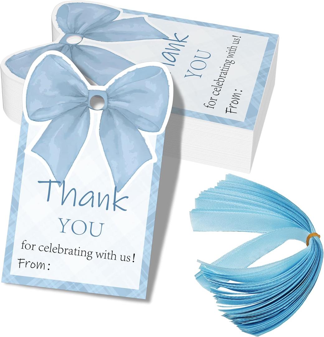50 Pcs Pink Bow Thank You Gift Tags with Ribbon, Thank You for Celebrating with Us Tags for Coquette Baby Shower Birthday Party Favors Decoration (Blue, 2.3 * 3.6)