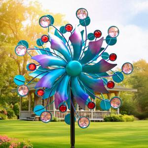 360Solar Wind Spinner with Lights Blue Metal Garden Outdoor Decor Yard Lawn Art Decor for Patio Kinetic Windmills Unique Gifts for Friends and Family 60.63'' H x 13.38'' Dia