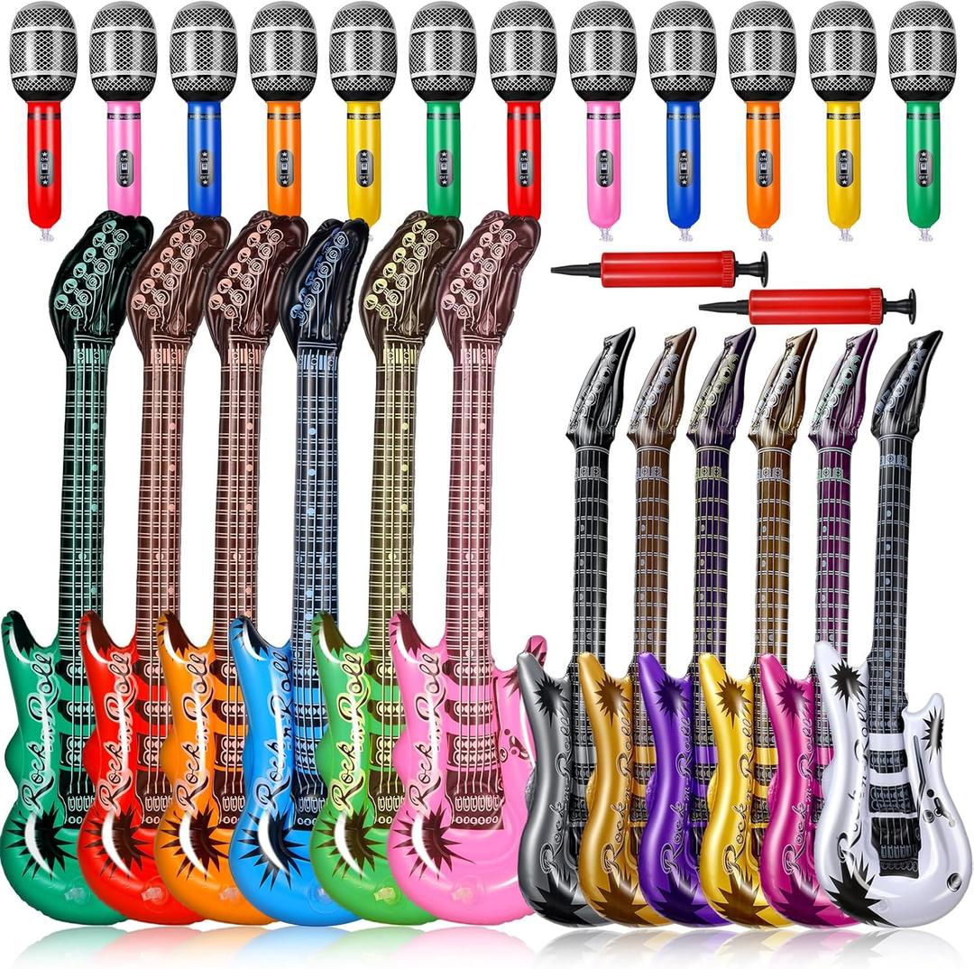 Tradder 24 Pcs Inflatable Rock Star Toy 37 Inch Set, Blow up Guitar Bulks Include Inflatable Guitar 24'' and 10'' Microphone for 80s 90s Musical Themed Party, Birthday Party Decor