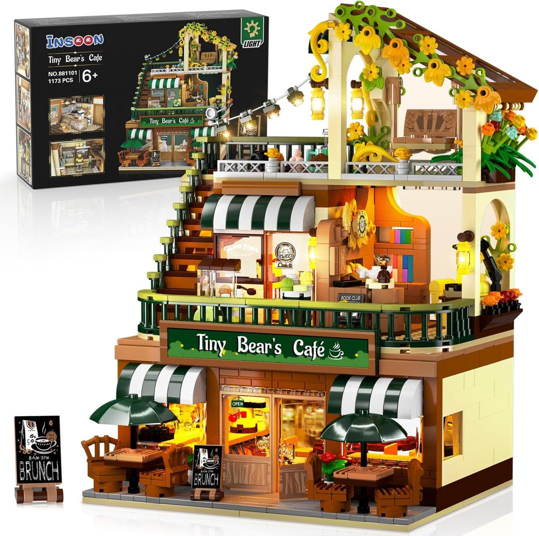 INSOON City Coffee House Building Set with Light, 1173 PCS Cafe Shop Building Block Toy with Ordering Counter Baking Room, House Construction Model Gift for Adults Teens Kids Boys Girls Ages 6-12+