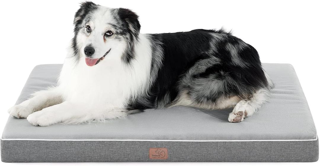 Bedsure Memory Foam Dog Beds Large Sized Dog - Orthopedic Pet Beds for Crate with Removable Washable Cover and Nonskid Bottom, Plush Flannel Fleece Top Pet Mat, Light Grey (35"L x 22"W x 3"Th)
