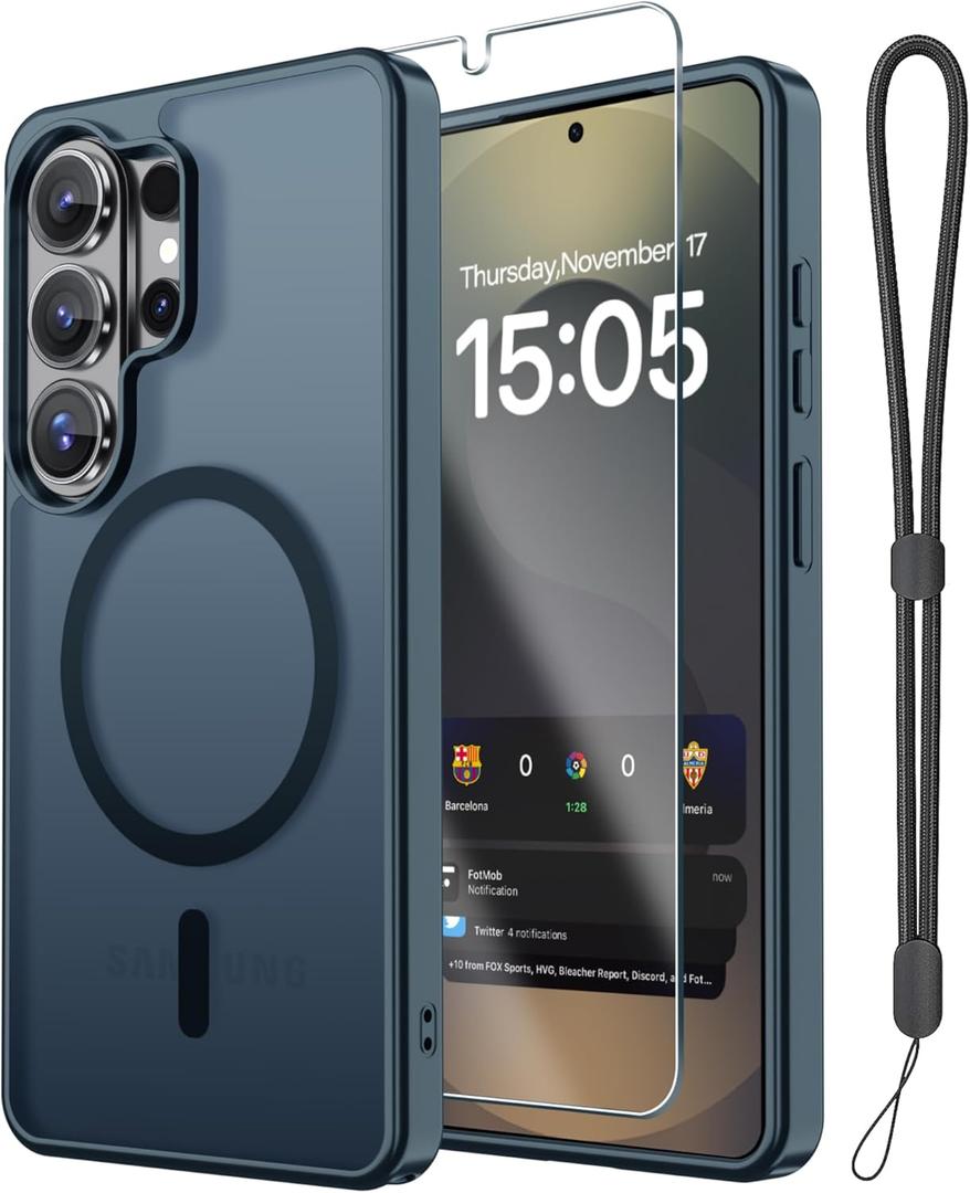 Janmitta Magnetic for Samsung Galaxy A37 5G Case,with Screen Protector+Wrist Strap,Compatible with MagSafe,Military Grade Drop Protection,Shockproof Slim Translucent Matte Phone Cover,Navy Blue