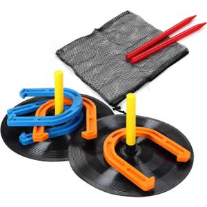 Outdoor Indoor Rubber Horseshoes Set - Win SPORTS Includes 4 Horseshoes,2 Pegs,2 Rubber Mats,2 Red Plastic dowels,Beach Games Perfect for Tailgating,Camping,Backyard,Fun for Kids Adults (Orange&Blue)