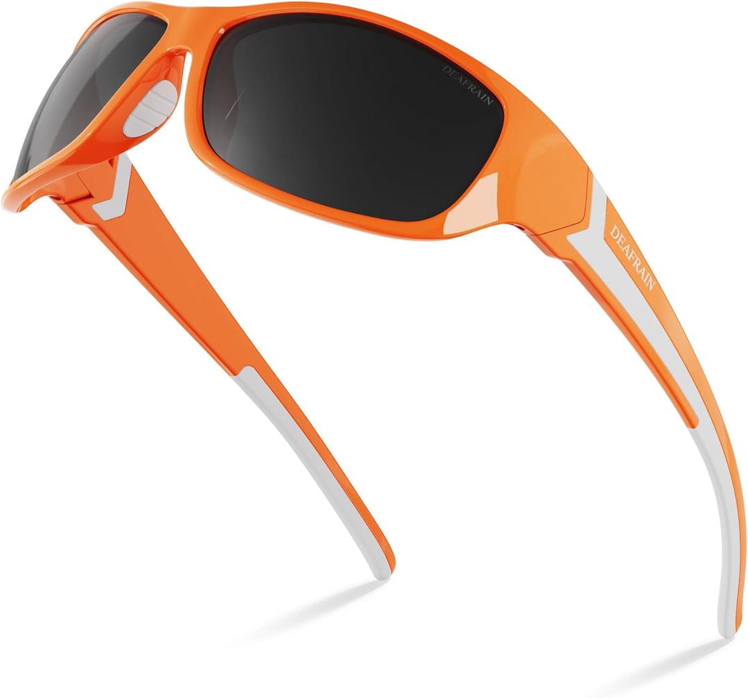 DEAFRAIN Polarized Sports Sunglasses for Men Women Driving Fishing Cycling Running UV Protection, Frame: Gloss Orange+white / Lens: Black