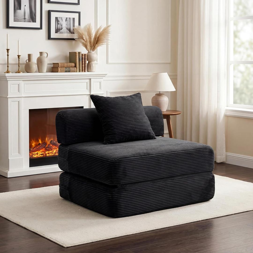 Futon Sofa Bed Modular Loveseat Sleeper Folding Pull Out Couch with Pillows, No Assembly Required Boneless Couch for Living Room Bedroom Guest Room (Black, Single Sofa)