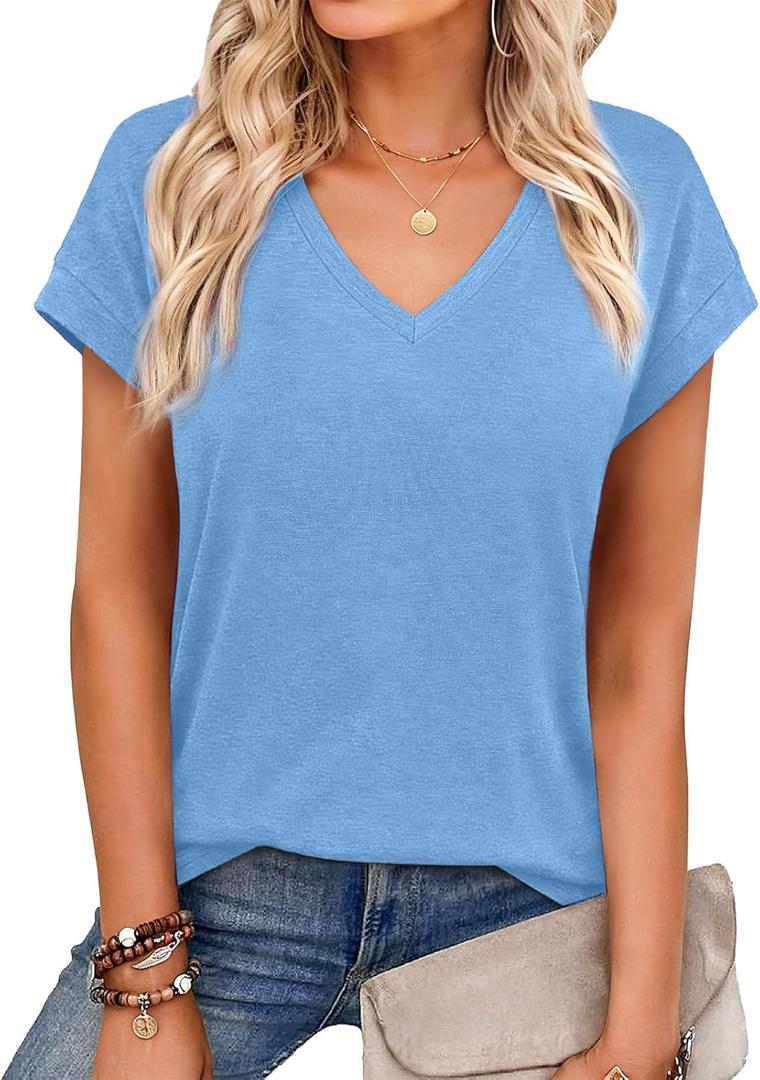 Womens Summer Tops Short Sleeve V Neck T Shirts Basic Tees Cap Sleeve Shirts Casual Trendy Work Business Clothes 2026 (Blue, XXL)