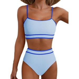 Herseas Women's Ribbed Bikini Sets Color Block Swimsuit High Waisted Bathing Suit (X-Large, Baby Blue)