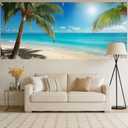 7x16 FT Tropical Beach Garage Door Banner - Palm Tree & Ocean Art, Large Indoor Outdoor Cover,Summer Vacation Decor for Home,Yard, Pool Party