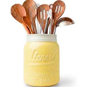 Comfify Wide Mouth Mason Jar Utensil Holder Decorative Kitchenware Organizer Crock, Dishwasher Safe - Kitchen Caddy Green, Large Size 7" High - Yellow