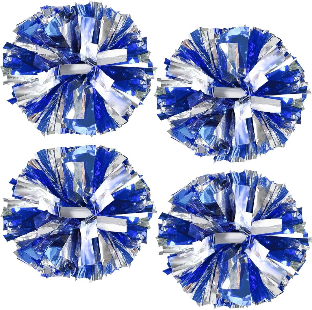 4Pcs Upgraded 12inch Metallic Cheerleading Pom Poms, HOLENGS Cheerleader Pompoms Cheer Poms for Kids Adults, Cheering Squad Pompoms for School Sports Games Dance Party (Blue and Silver)