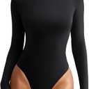 REORIA Women's Crew Neck Long Sleeve Bodysuits Basic Slim Fit Comfy Lightweight Layering Top Fall Winter Outfits(Medium, Black)