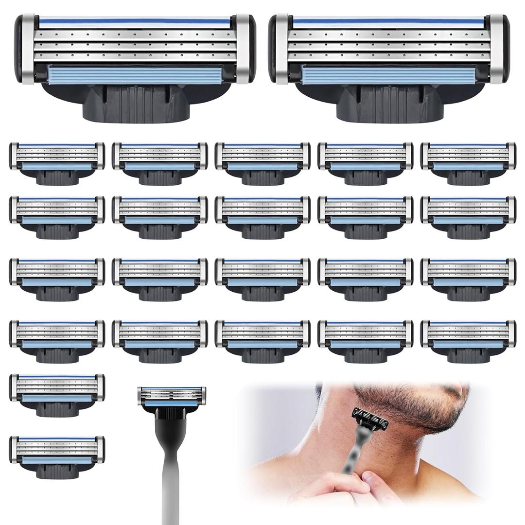 Razor Blades Refills for Men - 24PCS Precision Shaving Blades with Dual Lubrication, Extra Close Shave, Compatible with Mach3 Razors, Smooth & Comfortable Men's Shaving Cartridges