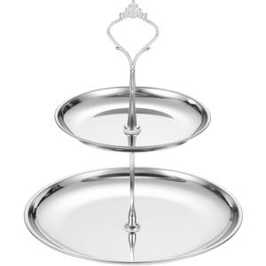 uxcell 1 Set 2-Tier Cupcake Stand Holder, Round Tiered Serving Tray Stainless Steel Cup Cake Stand for Dessert Fruit Table Birthday Party Decoration Display, Silver