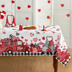 Horaldaily Valentine Tablecloth 6084 Inch Rectangle, Gnomes Truck Black Buffalo Plaid Washable Table Cover for Party Picnic Dinner Decor