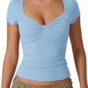 QINSEN Women's Sexy Twist Front V Neck T Shirts Double Lined Short Sleeve Slim Fit Crop Top Trendy Y2K Tops Tee (Large, Light Blue)