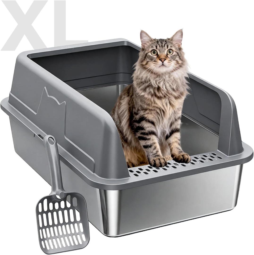 High-Sided Stainless Steel XL Cat Litter Box for Cats
High-Sided Design Prevents Urine Leakage,Non-Stick,Easy to Clean,Includes Scoop,Dark gray