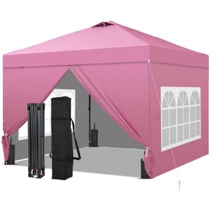 GDY 10x10FT Pop-Up Canopy Tent — with 4-Side Walls & Vented Top, Portable Outdoor Event Tent for Garden, Poolside, Parks, Parties,Camping, Pink.