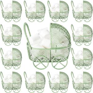 Threehoney 12 Pcs Baby Shower Mini Carriage Decoration Greenery Color Metal Wired Fillable Candy Stroller Baby Shower Table Centerpiece for Guest Gender Reveal Wedding Party Favor Gift
