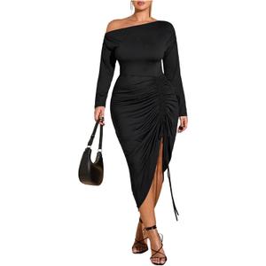 Floerns Women's Plus Size Off The Shoulder Sexy Bodycon Midi Dress Drawstring Slit Hem Long Sleeve Elegant Party Dresses (XX-Large Plus, Black)