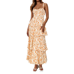 Fisoew Womens Floral Maxi Dresses Spaghetti Strap Casual Sleeveless Ruffle Flowy Tiered Dress XL Orange