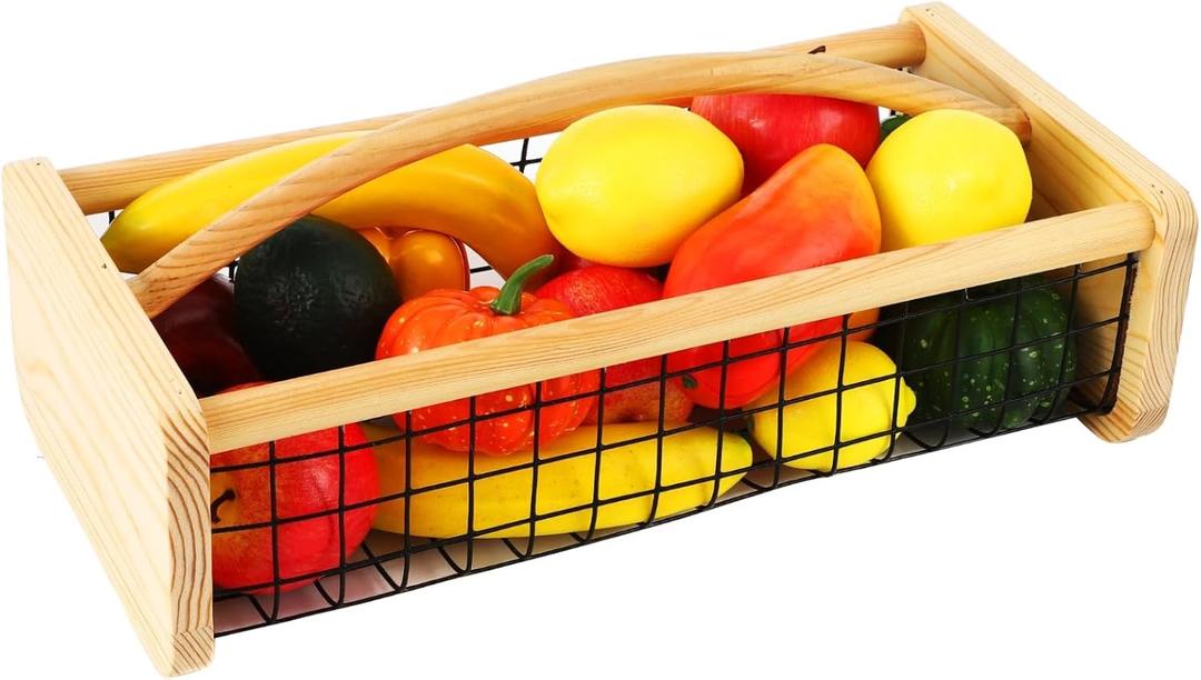 yeesport Metal Wire Garden Hod Harvest Basket with Wood Handle, 16.5 x 7.9 x 4.8 in, Large Capacity Fruit and Vegetable Storage Basket for Kitchen, Pantry, and Garden