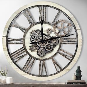 The B-Style Large Real Moving Gears Wall Clock 30 inch Rustic Retro Industrial Farmhouse Wood Clock Oversized Decorative Vintage Wall Clocks for Living Room (Desert Beige and Bronze) (30 inch/76cm)