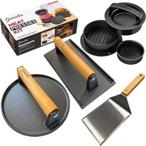 Smashed Burger Press BBQ Kit: 7" Round & 8.2x4.3 Rectangle Cast Iron Bacon Press, 3 in 1 Patty Maker, Spatula 6x5, Burger Press Griddle Set for Blackstone, Traeger, Grills, Fry Pan
