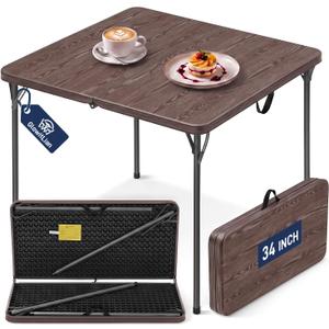 34" Square Folding Table for 4 Person, 330lbs Weight Capacity Foldable Table with HDPE Tabletop & Heavy-Duty Steel Legs, Portable Picnic Table for Indoor Outdoor Parties, Camping, Coffee Woodgrain, 34" x 34" x 28.54" inches