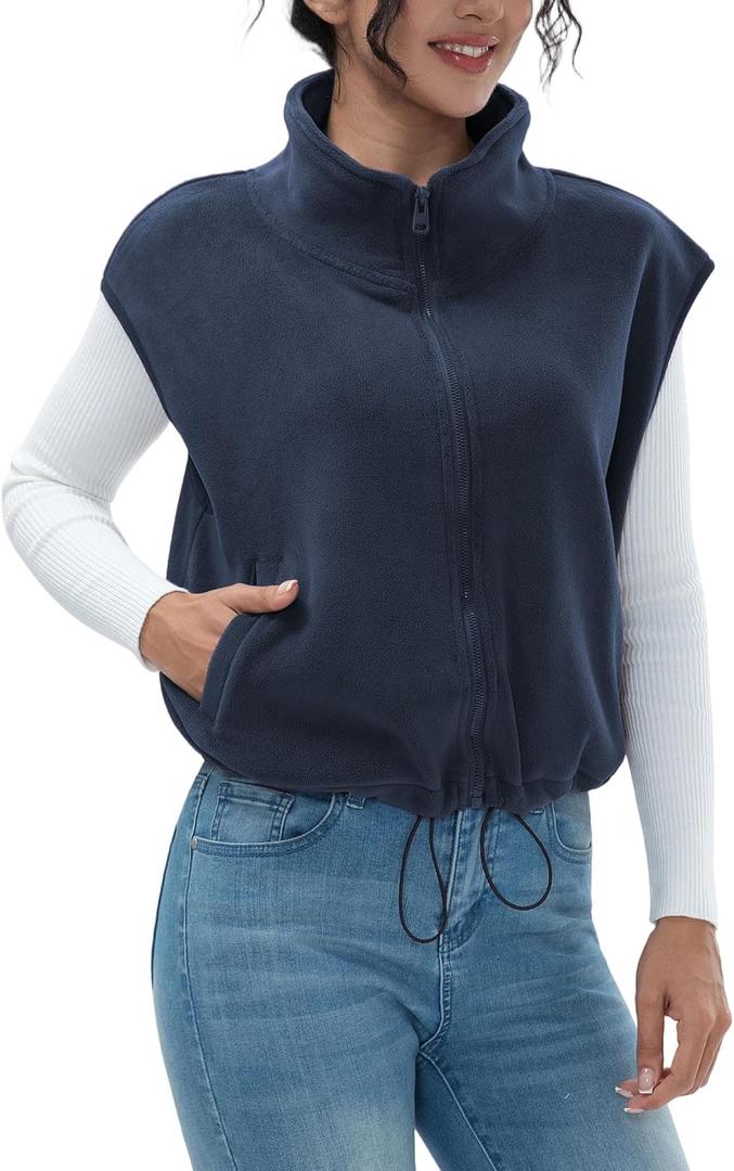 Women's Full Zip Fleece Short Vest Warm Winter Sleeveless Stand Collar Sherpa Crop Coat (Medium, Navy01)