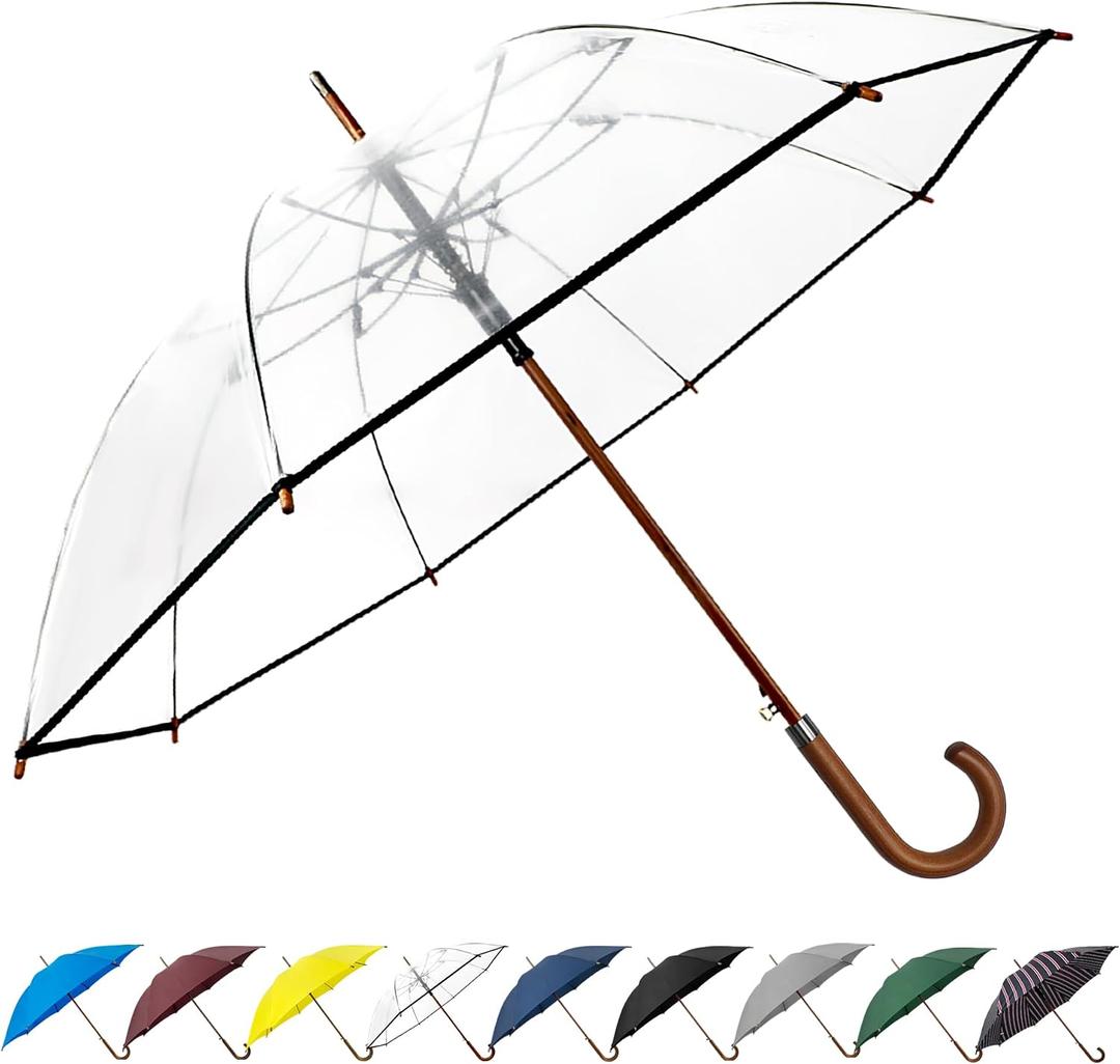 SoulRain 48" Clear Bubble Umbrella Large Transparent Umbrella for Rain, Windproof & Automatic Open, Wedding Umbrellas for Women & Men, Vintage Stick Cane with Wooden Handle(Clear)