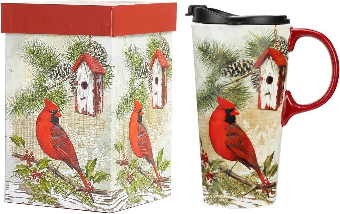 Topadorn Christmas Ceramic Travel Mug Coffee Cup Latte Mug with Lid and Gift Box for Holiday, 17 oz